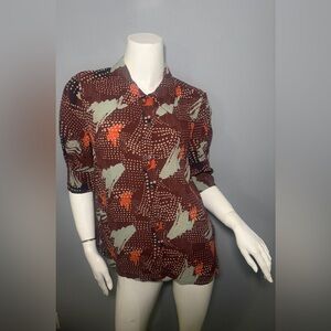 Button-Down Collared Women's Blouse in Burgundy Abstract Print